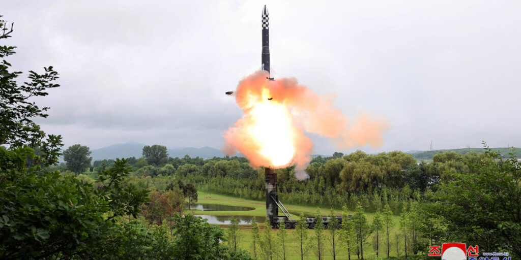 Hwasong-18 intercontinental ballistic missile is launched from an undisclosed location in North Korea in this image released by North Korea's Korean Central News Agency on July 13, 2023. KCNA via REUTERS    ATTENTION EDITORS - THIS IMAGE WAS PROVIDED BY A THIRD PARTY. REUTERS IS UNABLE TO INDEPENDENTLY VERIFY THIS IMAGE. NO THIRD PARTY SALES. SOUTH KOREA OUT. NO COMMERCIAL OR EDITORIAL SALES IN SOUTH KOREA.